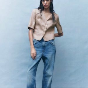 Zara Tan Cropped Linen Blazer size M